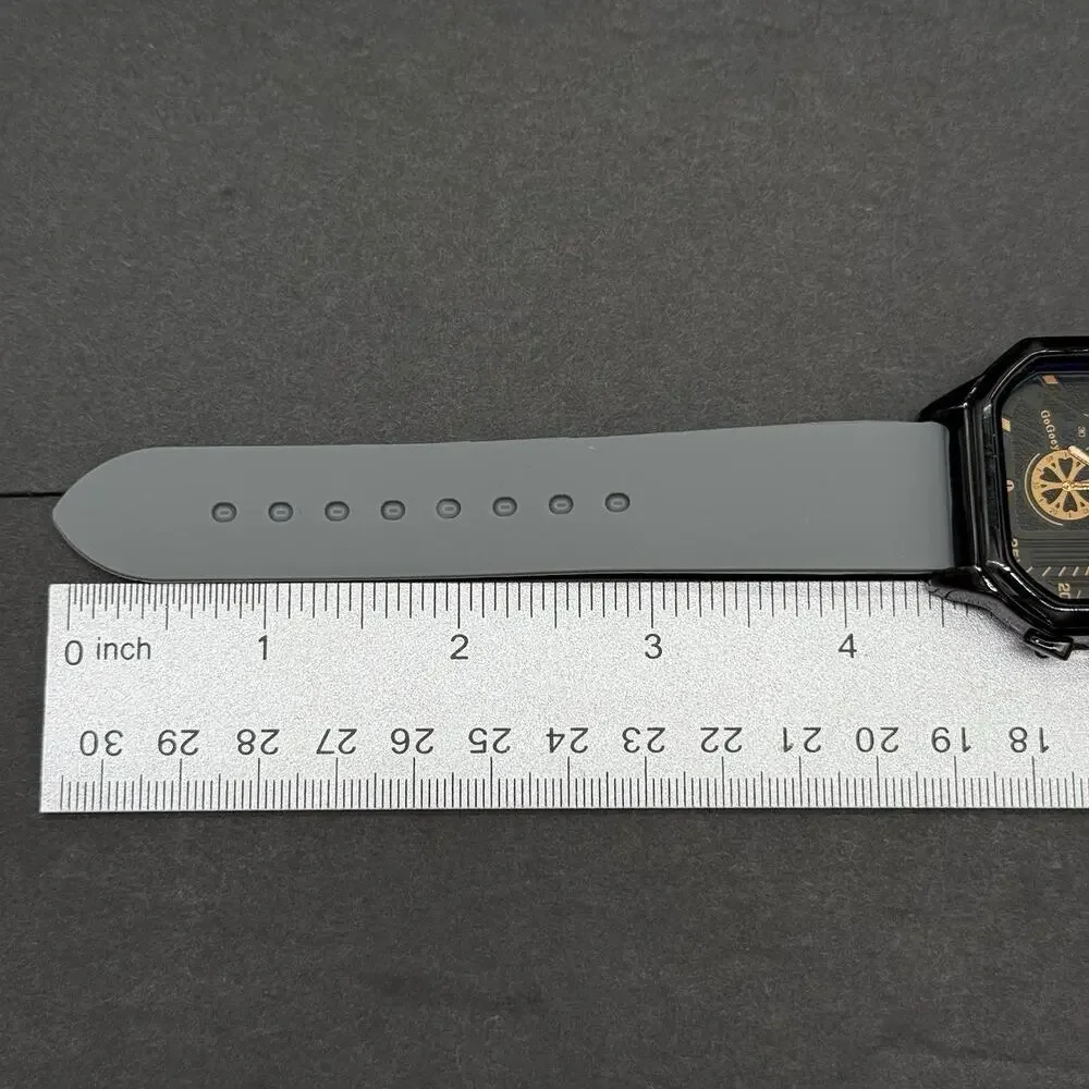Gogoey Men's Watch Octagon Black Case Grey Silicone Band Gold Faux Chrono New